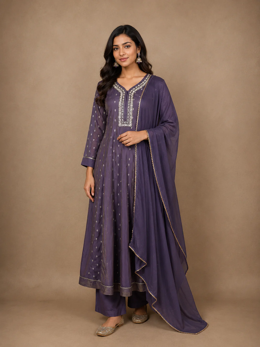 Lavender Floral Designed Semi Silk Salwar Suit